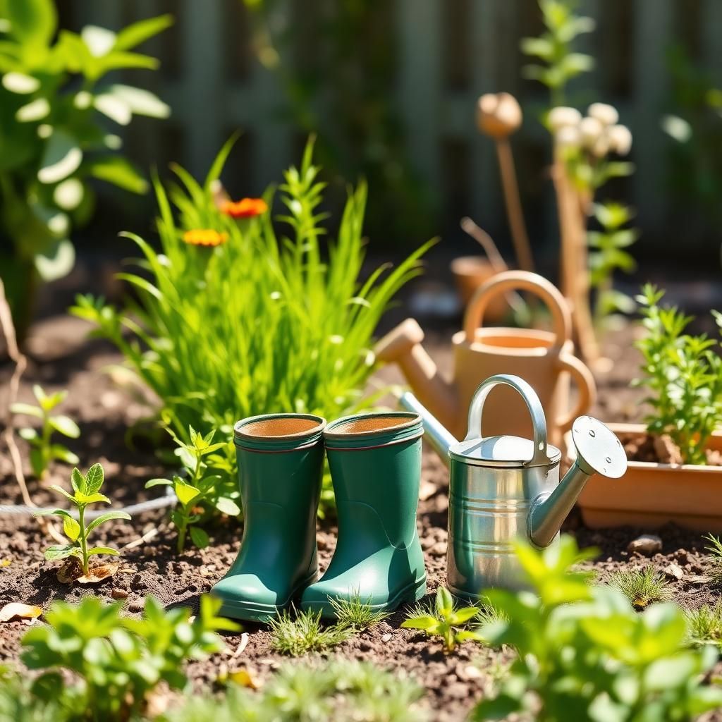 Preschool garden with watering can and boots